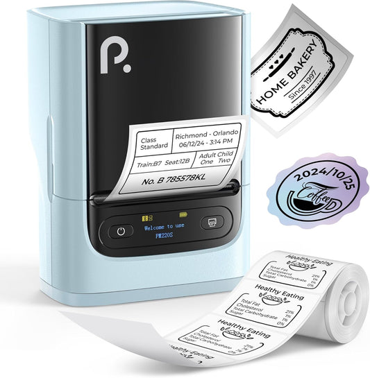 POLONO PM220S Label Maker Machine with Tape, 2 Inch Bluetooth Thermal Label Printer, Portable Sticker Printer for School, Office, Home, Business, Label Maker with 2'' x1.18'' Labels, Blue