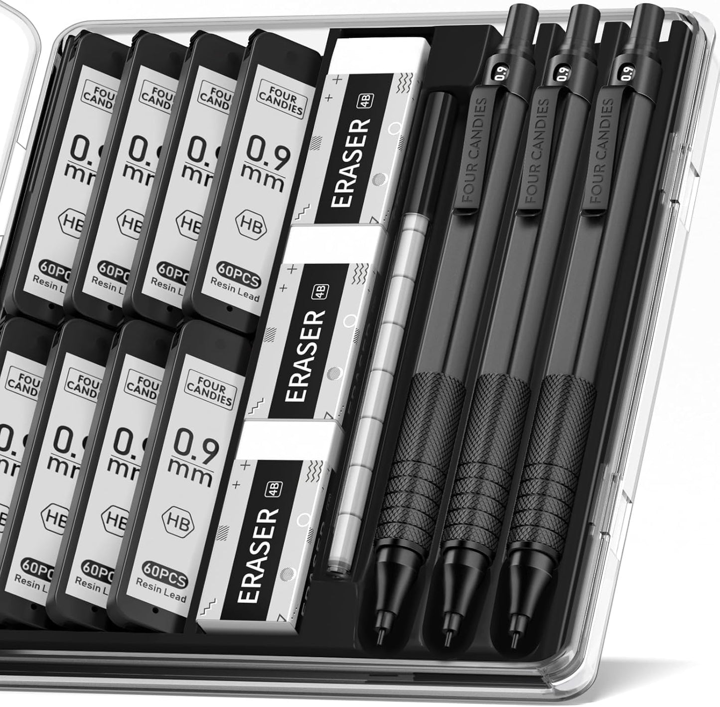 Four Candies 0.9mm Mechanical Pencil Set with Case, 3PCS Metal Artist Lead Pencil with 8 Tubes (480PCS) HB Lead Refills, 3 Erasers, 9 Eraser Refills For Engineer Art Writing Drafting, Black