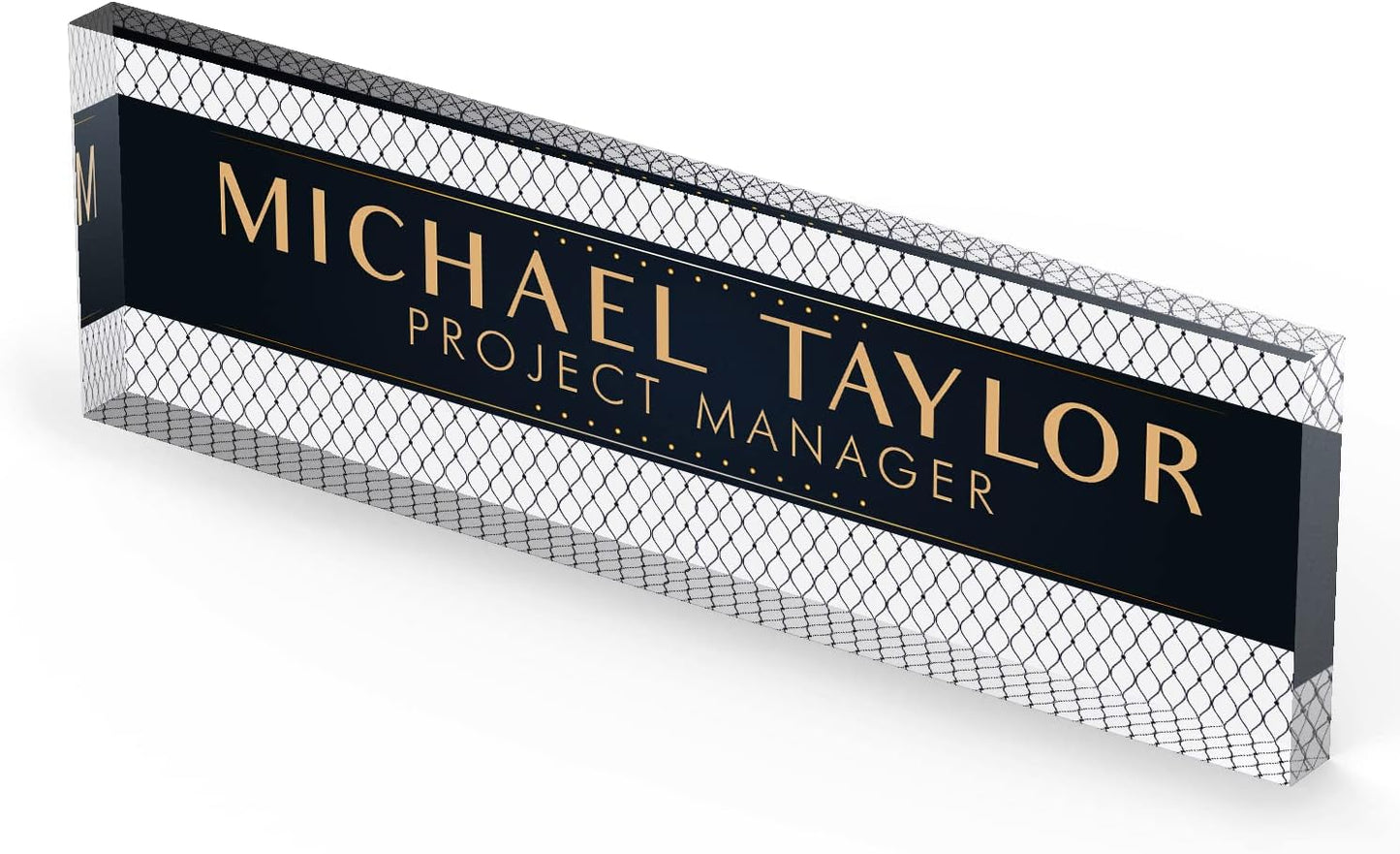 Artblox Personalized Office Desk Name Plate With Business Card Holder | Clear Acrylic Glass with Teak Wood Stand | Net Shape Design Customized with Your Name and Credentials Office Desk Décor