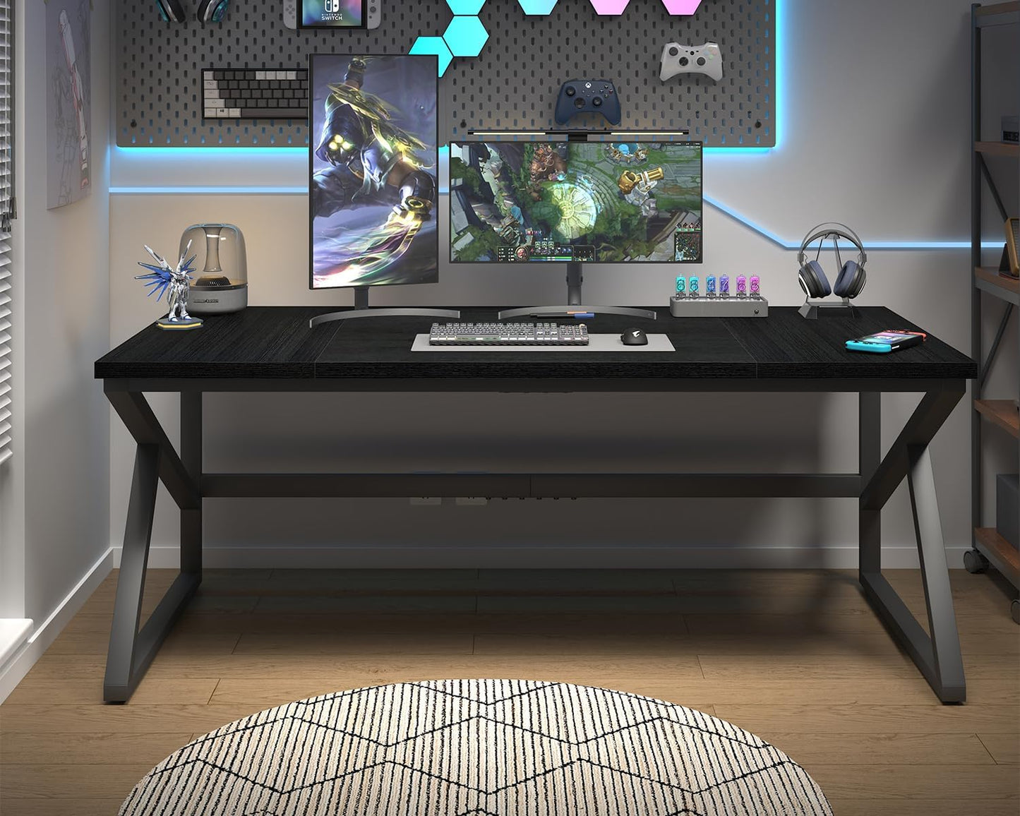 HSH 70 Inch Long Black Desk, Large Metal Wood Computer Desk for 2 Monitors, Modern Home Office PC Laptop Desk for 2 People Executive Writing Work Study Gaming, Simple Bedroom Living Room Black Table