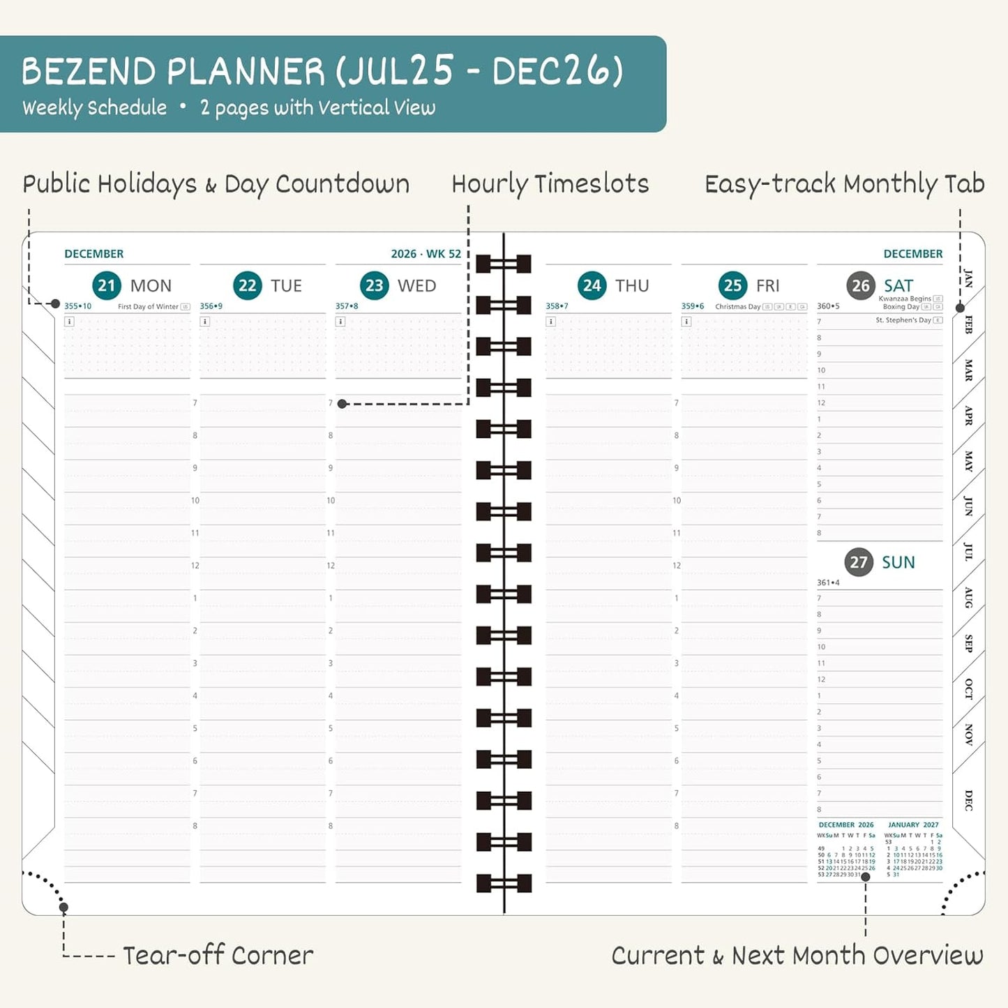 BEZEND Planner 2025-2026 Weekly and Monthly, 5.8" x 8.5" Academic Calendar (Jul 25-Dec 26) Vertical Daily Appointment with Hourly Timeslot & Monthly Tab, Spiral, PU Leather Softcover - Lavender