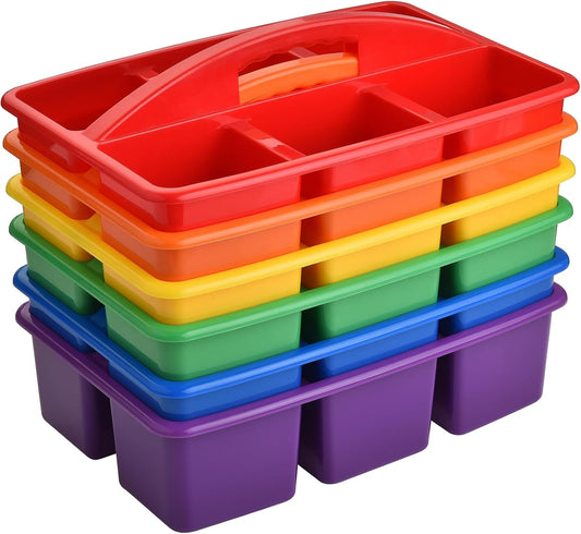 ALINK Plastic Classroom Caddy with 6 Compartments, 6-Pack Teacher Supply Storage Caddy Organizer for Classroom Supply, Office, Table, Desk, Craft Art, Pencil, Crayon, Marker - Assorted Colors