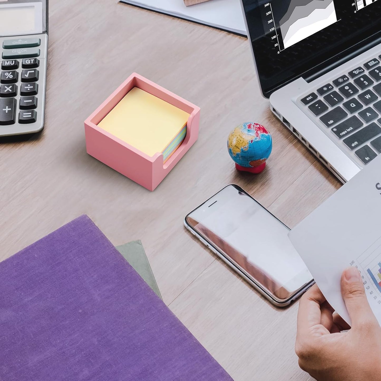 Wood Sticky Note Holder, Post It Note Dispenser for Office Desk Accessories, Self Stick Note Pad Holder, Memo Pad Holder Dispenser Organizer for School Office Desk Supplies, Pink