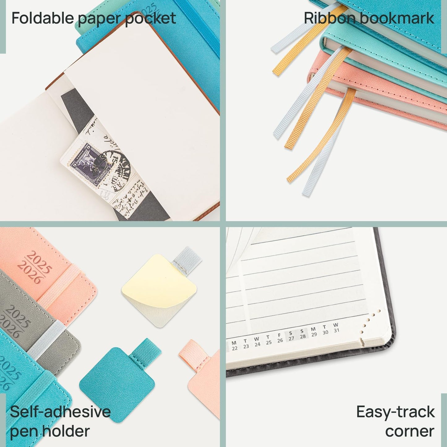 POPRUN Pocket Planner 2025-2026 (Purse Size 4'' x 6.25'') Academic Small Calendar (July 2025 - June 2026) with Hourly Time Slots, 100GSM Thick Papers, Leather Soft Cover - Grey