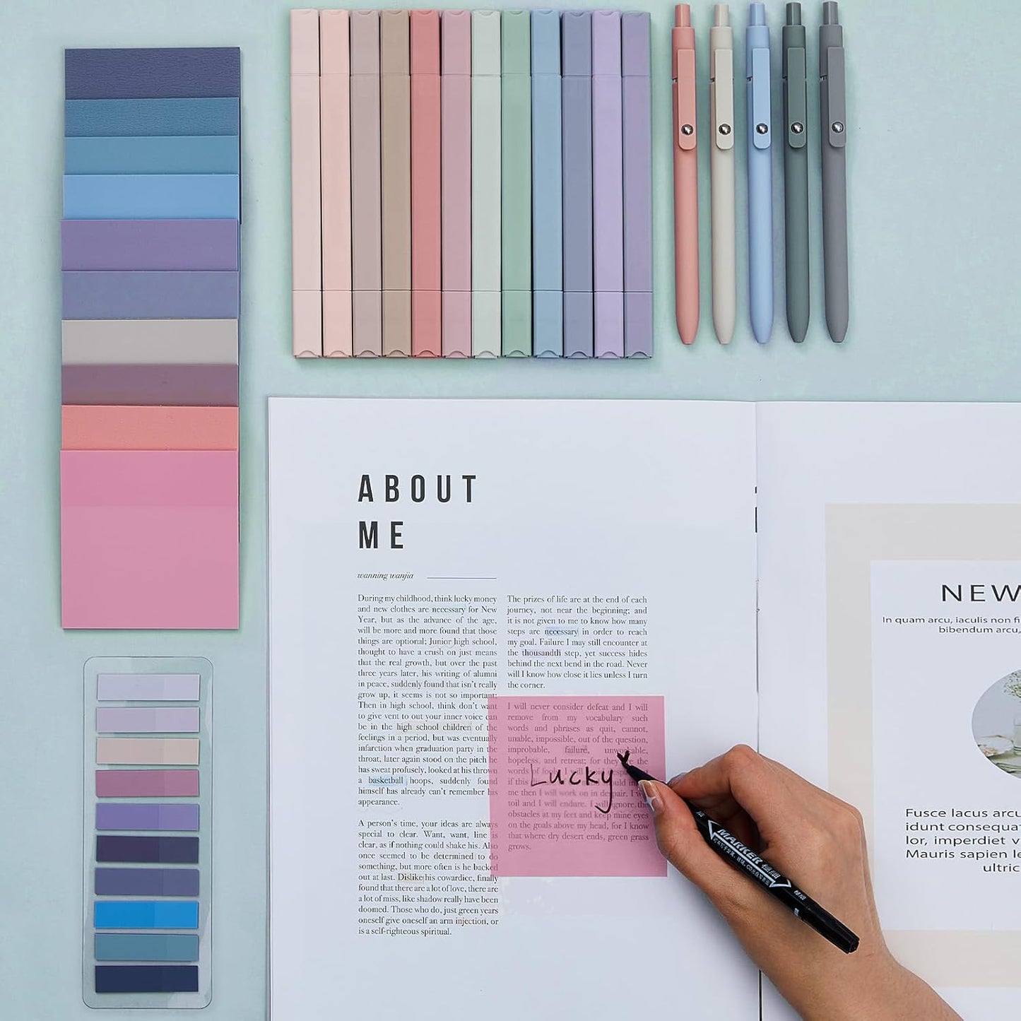 Jutom 38 Pcs Book Annotation Kit Aesthetic Highlighters Gel Pens Set Sticky Notes Tabs Markers Dual Ended Highlighter Quick Dry Ink Pens for Office Annotating Books(Purple Series,Square)