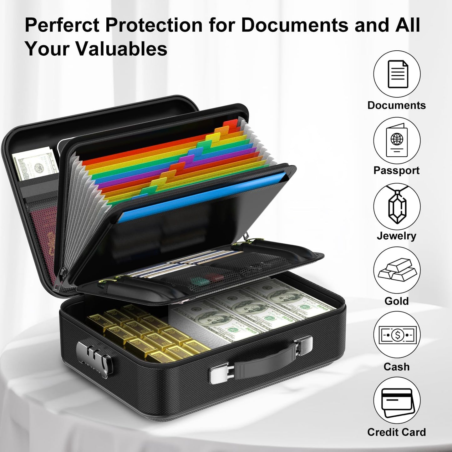 Fireproof Document Box, Hard Case Fireproof Box with Lock Hard-Shell Design Fireproof Water Resistant Safe Box File Organizer for Important Documents Certificates Laptop Passports Black