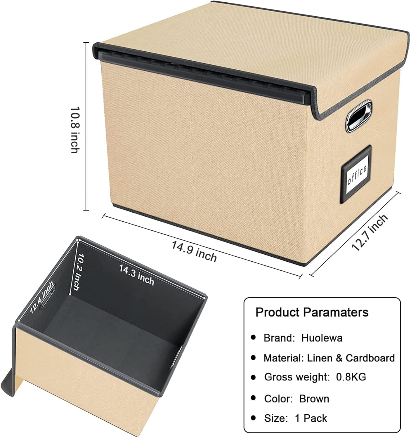 Huolewa File Organizer Box with Lid, Collapsible File Folder Organizer for Office Document Storage, Filing Box with Plastic Slide for Letter/Legal Size Hanging Files (Brown)
