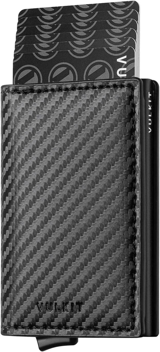 VULKIT Credit Card Holder RFID Blocking Leather Automatic Pop Up Wallet Aluminum Slim Pocket Business Card Case