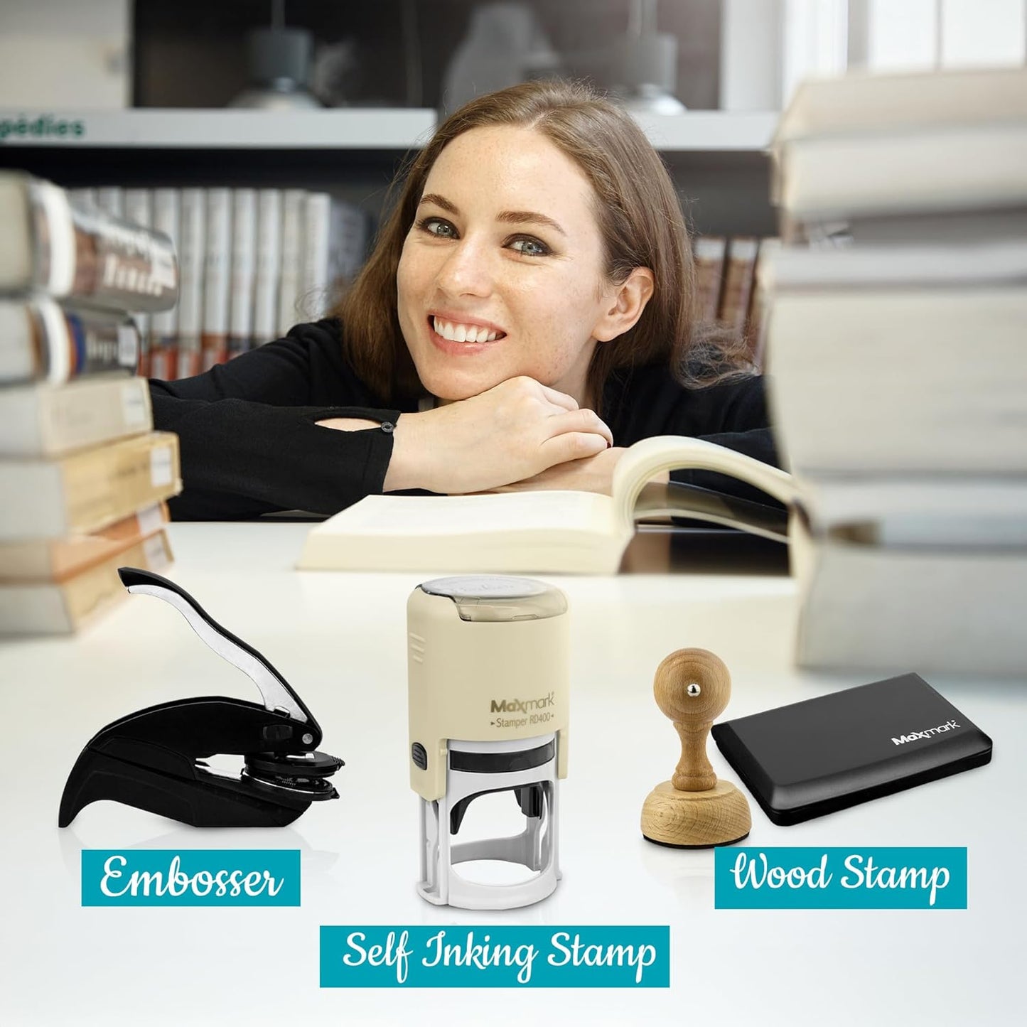 Custom Library Embosser - Style 114 - Embosser, Wood Stamp or Self Inking Stamp - Book Embosser Includes 50 Gold Seals - Custom Stamp Seal from The Library of