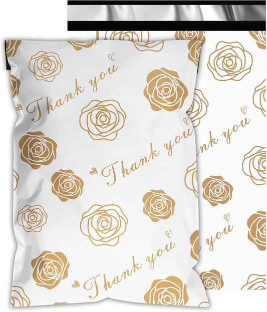 Thank You Poly Mailers 10x13 Inch 25 Pcs - Gold Rose Printed Shipping Bags for Clothing - Waterproof and Tear Resistant Mailing Envelopes - Self-Sealing Packaging Bags for Small Business
