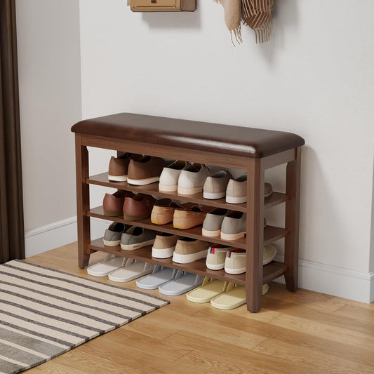 Shoe Bench with Leather Cushion, 3 Tiers Shoe Storage Bench Height Adjustable, Walnut Wood Entryway Bench for Hallway, Mudroom