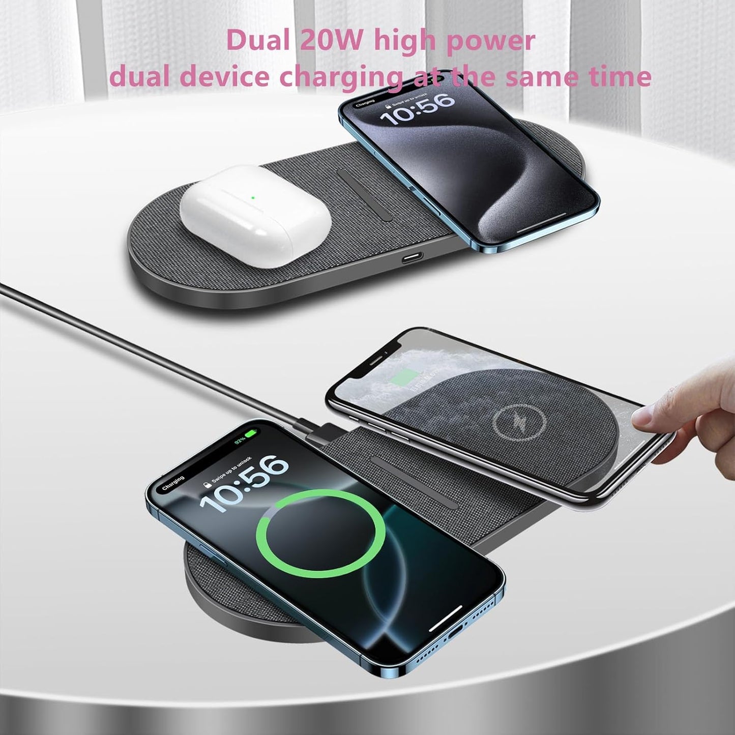 40W Wireless Charging Pad,Dual 20W Charging mat for Apple iPhone 16 15 14 13 12 11 Pro/Max/Mini/Plus/XS/XR,Airpods 4/3/Pro,2 in 1 Wireless Phone Charger for Samsung,Pixel,Xperia(with PD Adapter)