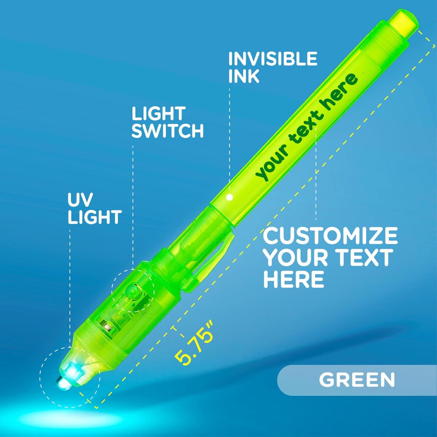 Personalized Invisible Disappearing Ink Pen Marker Pack, Custom Secret Spy Message Writer with UV Light, Fun for Kids Party Favors Gifts and Stock Stuffers, 24 Pack, Green