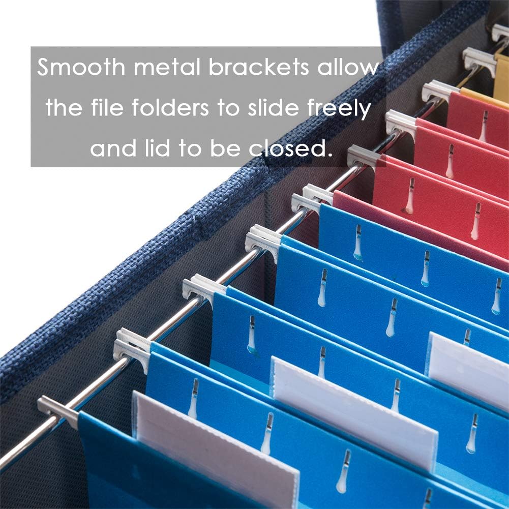 PRANDOM File Organizer Box - Set of 4 Collapsible Decorative Linen Filing Storage Hanging File Folders with Lids Office Cabinet Letter Size Navy Blue (14x9.3x10.8 inch)