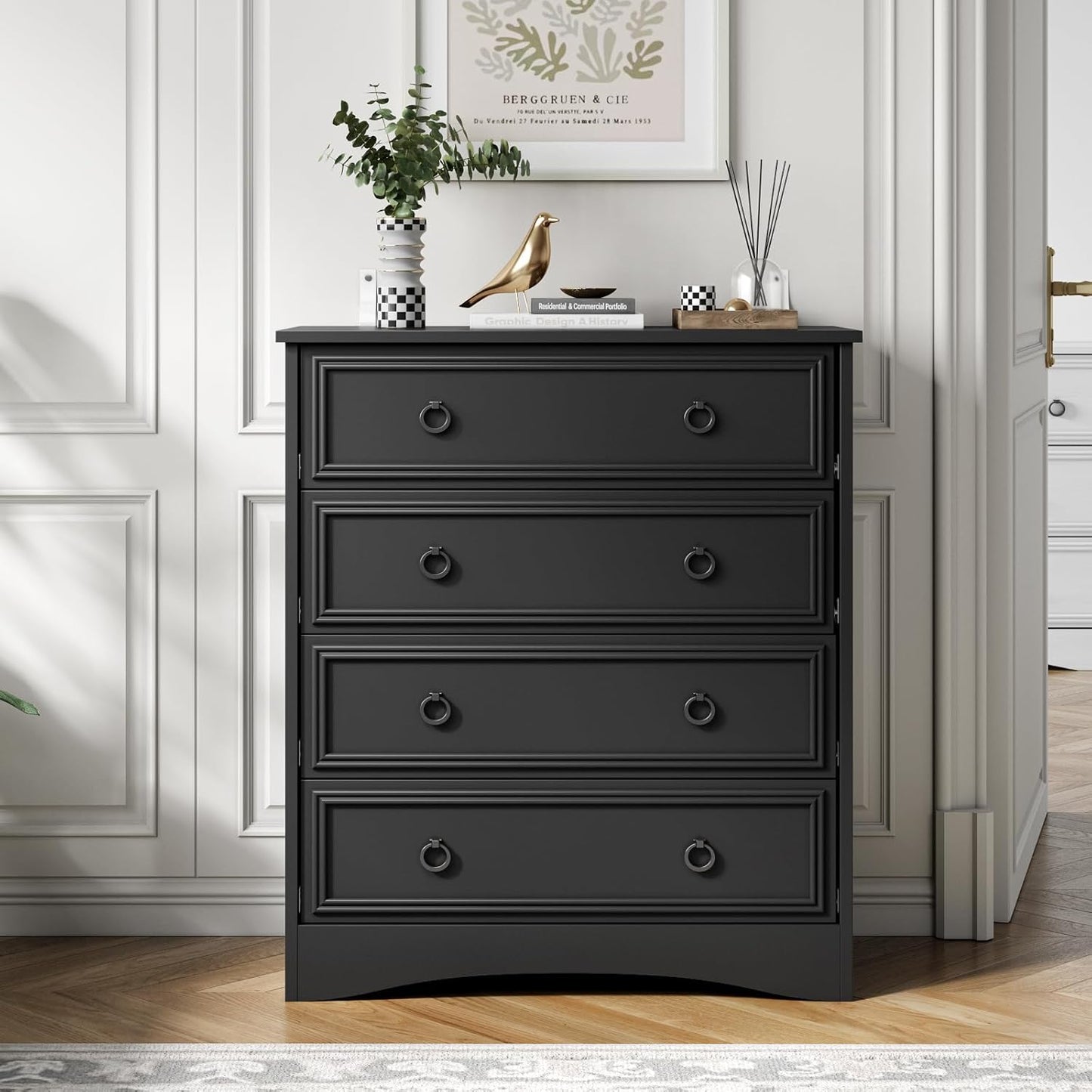 LGHM Modern 4 Drawer Dresser, Tall Dressers for Bedroom, Chest of Drawers Closet Organizers and Storage for Clothes - Easy Pull Handle, Textured Borders Drawers for Living Room, Hallway, Black