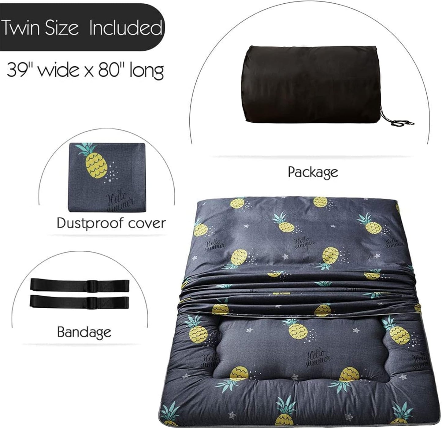 MAXYOYO Grey Pineapple Japanese Floor Futon Mattress, Tatami Floor Mat Portable Camping Mattress Kids Sleeping Pad Foldable Roll Up Floor Lounger Couch Bed Twin Size with Mattress Protector Cover