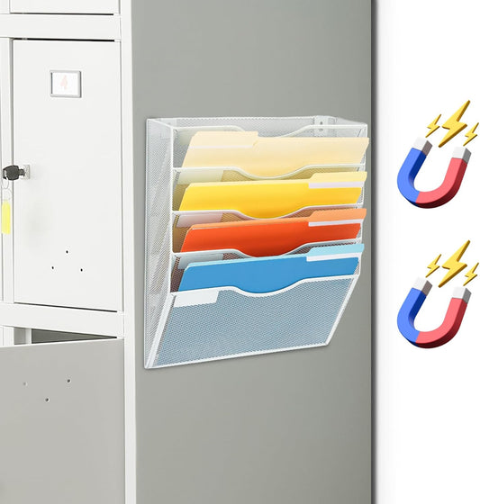 EASEPRES Magnetic 5 Pocket Mesh Hanging File Organizer, Wall Mounted Mail Paper Document Folder Holder, Clipboard Storage Organization Magazine Rack with Nametag Label for Office Home School, White