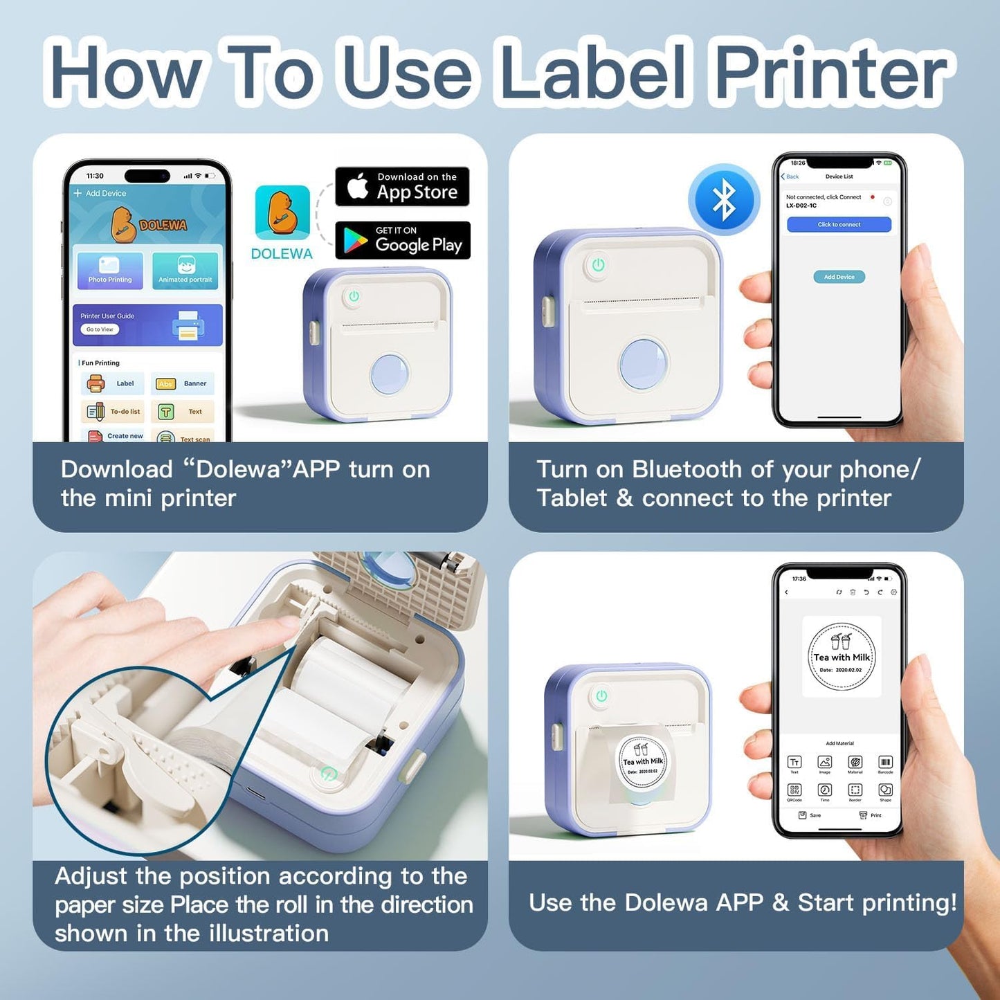 Label Maker Machine, HD Mini Sticker Printer with 7 Rolls Paper, Portable Thermal Print Pod Supports 12-57mm Papers, Bluetooth Pocket Printer for Home, Kitchen, School,Compatible Phone&Tablet (Purple)
