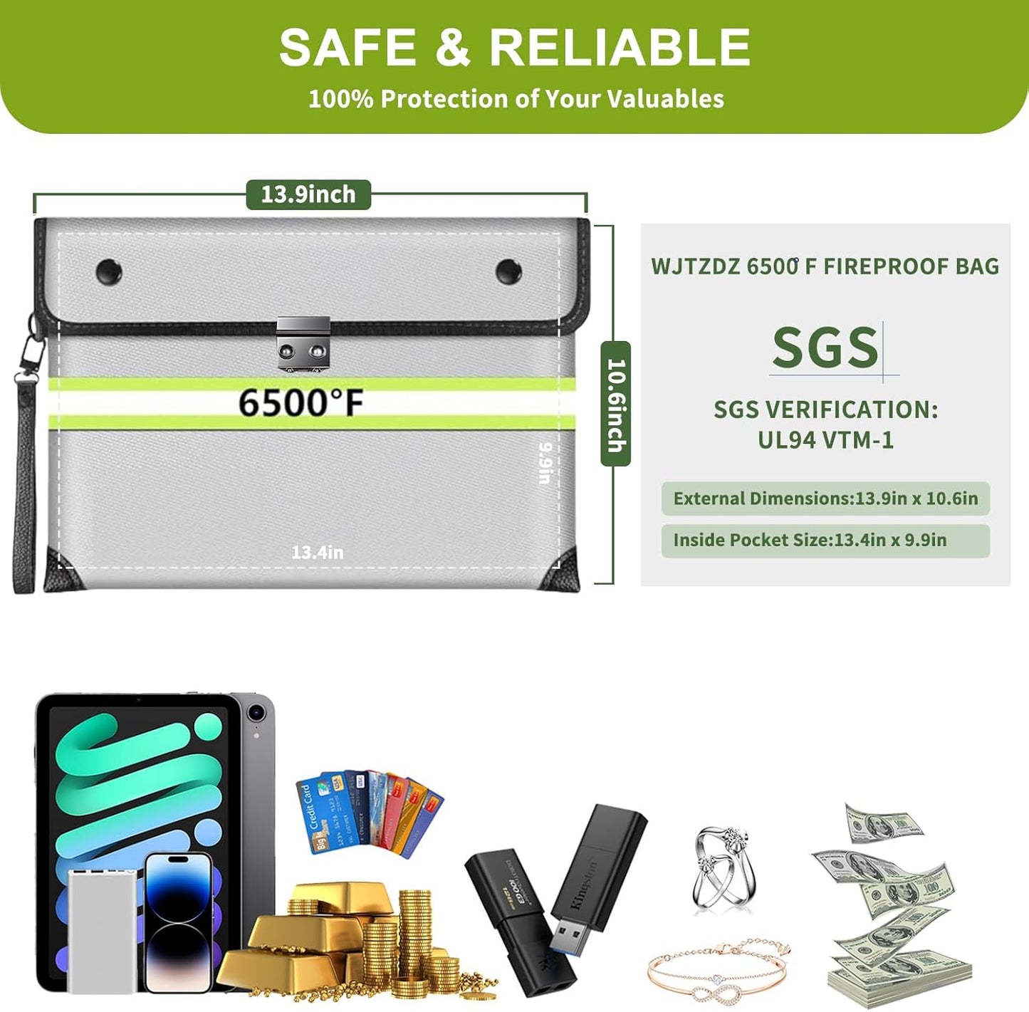 2025 Upgraded Fireproof Document Bag with Lock, 6500°F Fireproof/Waterproof Money Bag with Zipper/Reflective Strip,Storage Pouch for A4 Letter Size Document,Cash,Cell Phone,Passport
