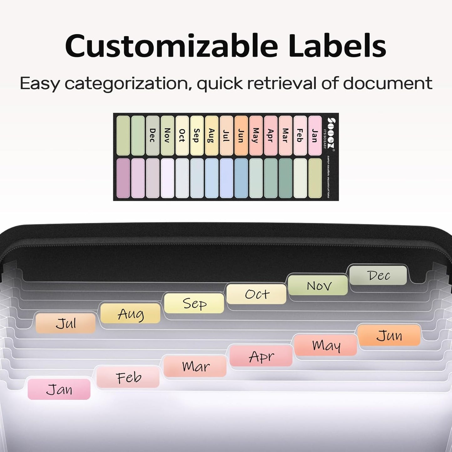 Sooez 13 Pocket Accordion File Organizer, Zipper Expanding File Folder Organizer, Reinforced Plastic Accordion Folder, A4 Letter Size, Portable Folders for Documents, Black