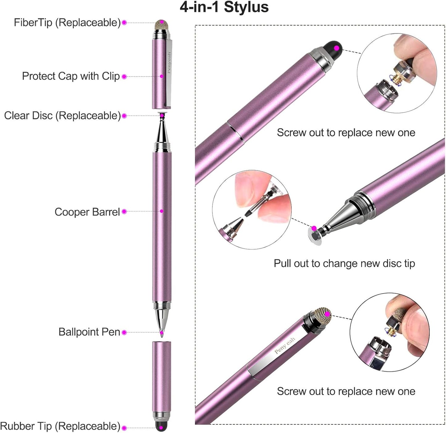Penyeah 4-in-1 Stylus Pen for Touchscreens, Accurate & Versatile Capacitive Stylus Pen for iPhone,iPad,Android Phones,Tablets- Disc+Rubbe+Mesh Tips Universal for All Touch Screen Devices - Pinky Gold