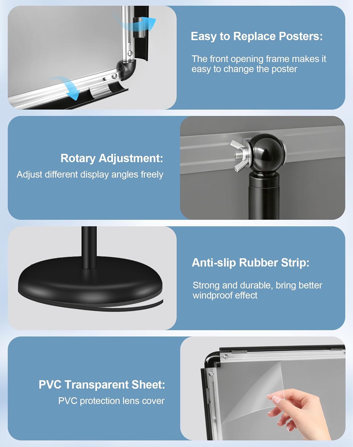 2 Pack Sign Holder Stand 8.5x11 inch for Display, Height Adjustable Floor Standing Signage Stand with 360° Rotated Snap Open Frame for Malls, Schools, Advertising, Outdoor Poster Stand