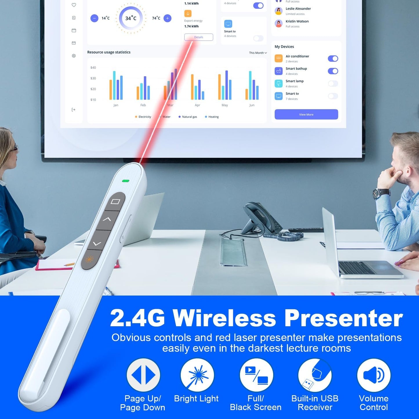 QUI Presentation Clicker for PowerPoint, RF 2.4GHz USB Wireless Presenter Remote with Volume Control, PowerPoint Clicker Slide Advancer for Mac, Windows, Laptop, Keynote