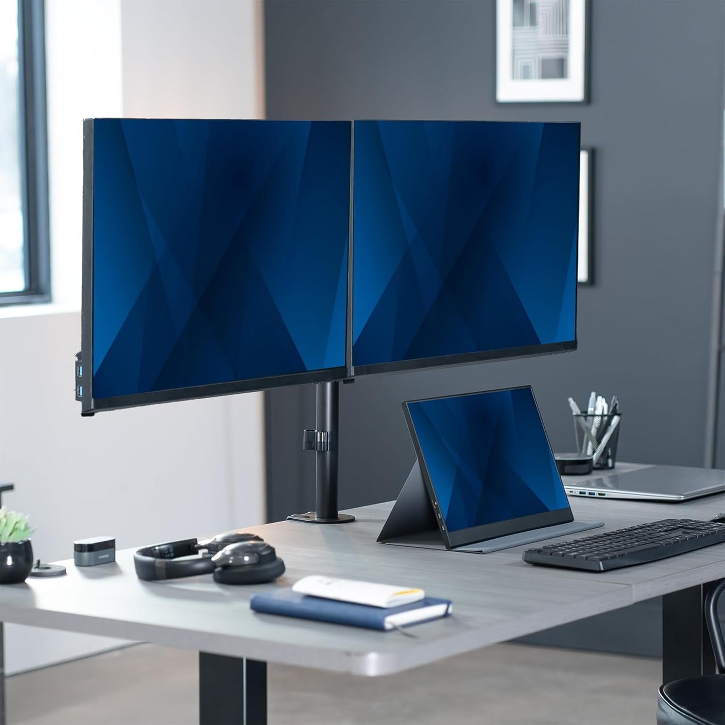 VIVO 17 to 32 inch Dual Pneumatic Monitor Mount, 2 Pneumatic Arms, Adjustable Swivel, Rotation, Heavy Duty VESA Desk Stand with C-clamp, Grommet, Max VESA 100x100, Black, STAND-V002K