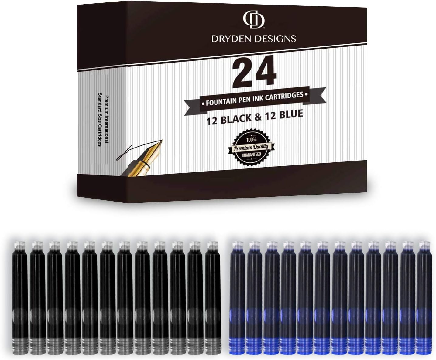 Dryden Designs Fine Nib Fountain Pen - Includes 24 Ink Cartridges - 12 Black and 12 Blue - Pink - Smooth Elegant Writing with Fine Nib and Ink Converters