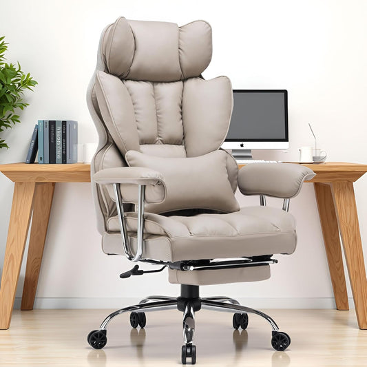 Efomao Big and Tall Office Chair 400lbs – High Back PU Leather Executive Chair with Lumbar Support, Footrest, Swivel Base, Padded Armrests, and Rolling Wheels for Home Office, Grey Computer Chair