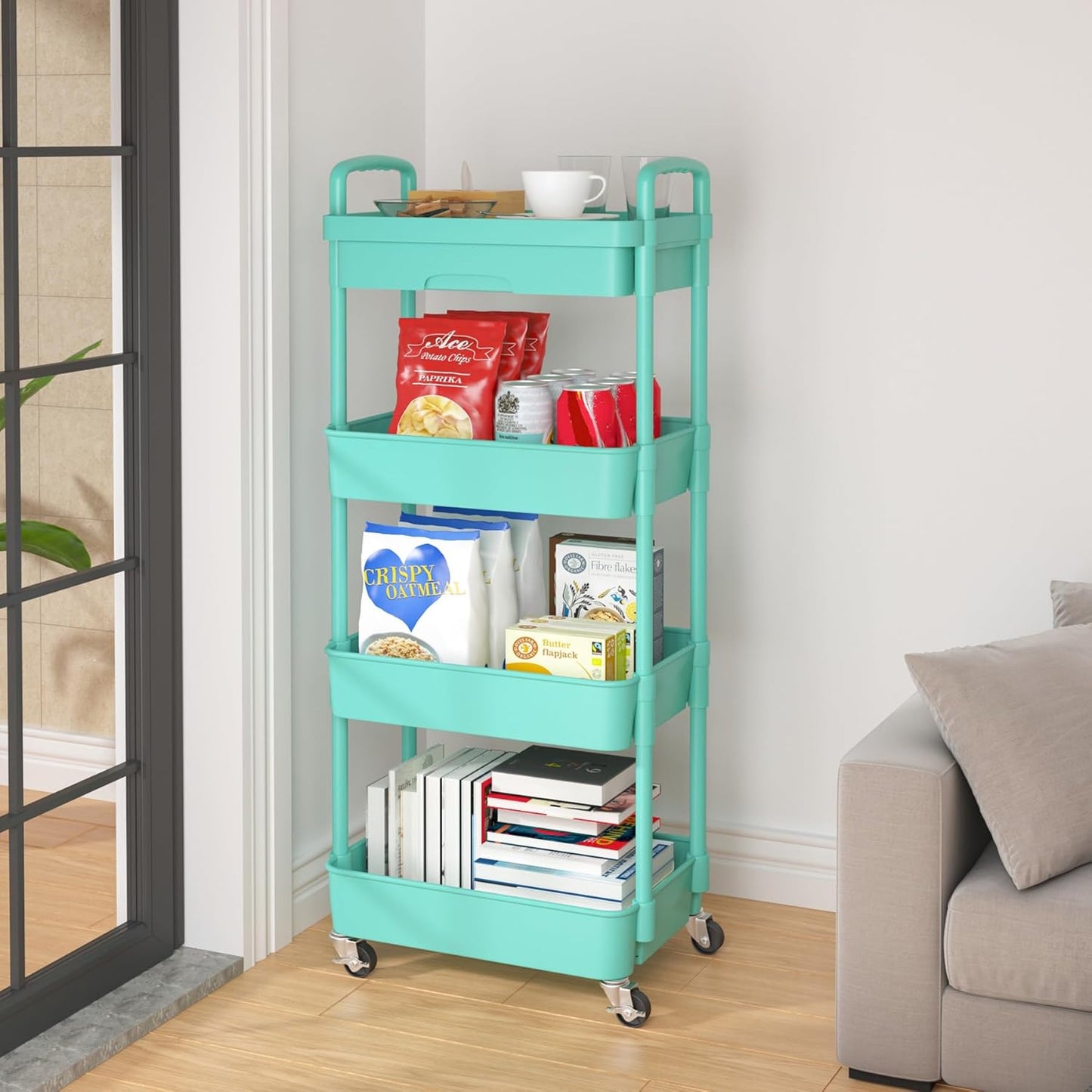 Calmootey 4-Tier Rolling Utility Cart with Drawer,Multifunctional Storage Organizer with Plastic Shelf & Metal Wheel,Storage Cart for Kitchen,Bathroom,Living Room,Office,Green