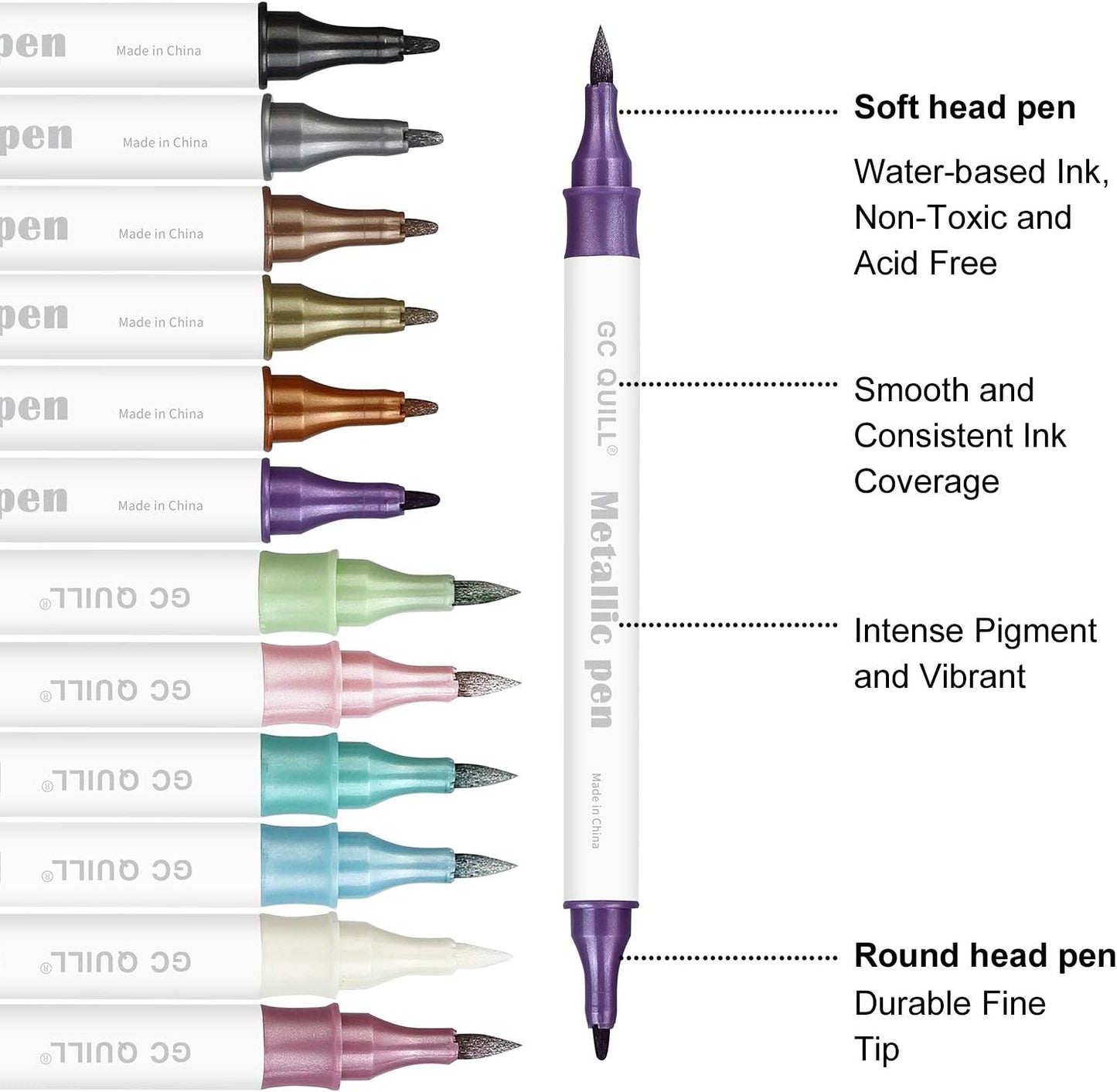 GC QUILL 12 Colors Metallic Marker Pens - Dual Tip Brush and Fine Point Pens for DIY Album, Black Cards, Scrapbooking, Craft Supplies, on Ceramic, Stone, Glass, Fabric GC-MP12