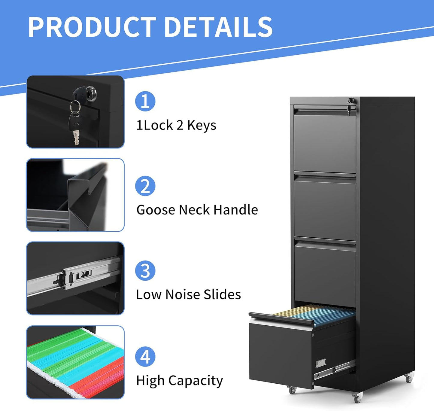 4 Drawer Mobile File Cabinet, Filing Cabinet Home Office for Letter, Legal Size, Black