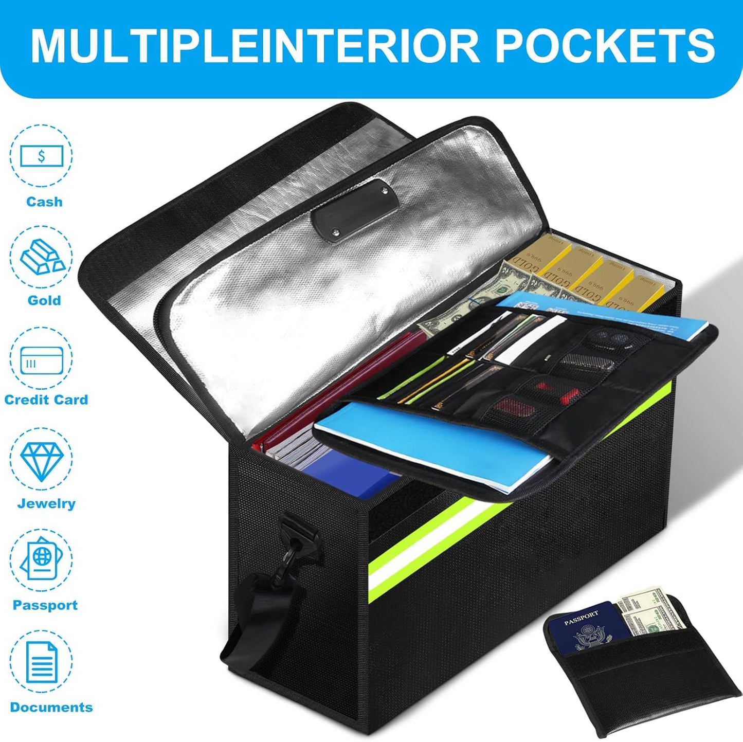 Large Fireproof Money Bags with Lock-6500°F Fireproof Document Box,10 Layers Insulation Materials&Waterproof Zipper,Removable Folder Layers/Wallet,Reflective Strip for Valuables(16.5”x 12.4”x 5.5”)
