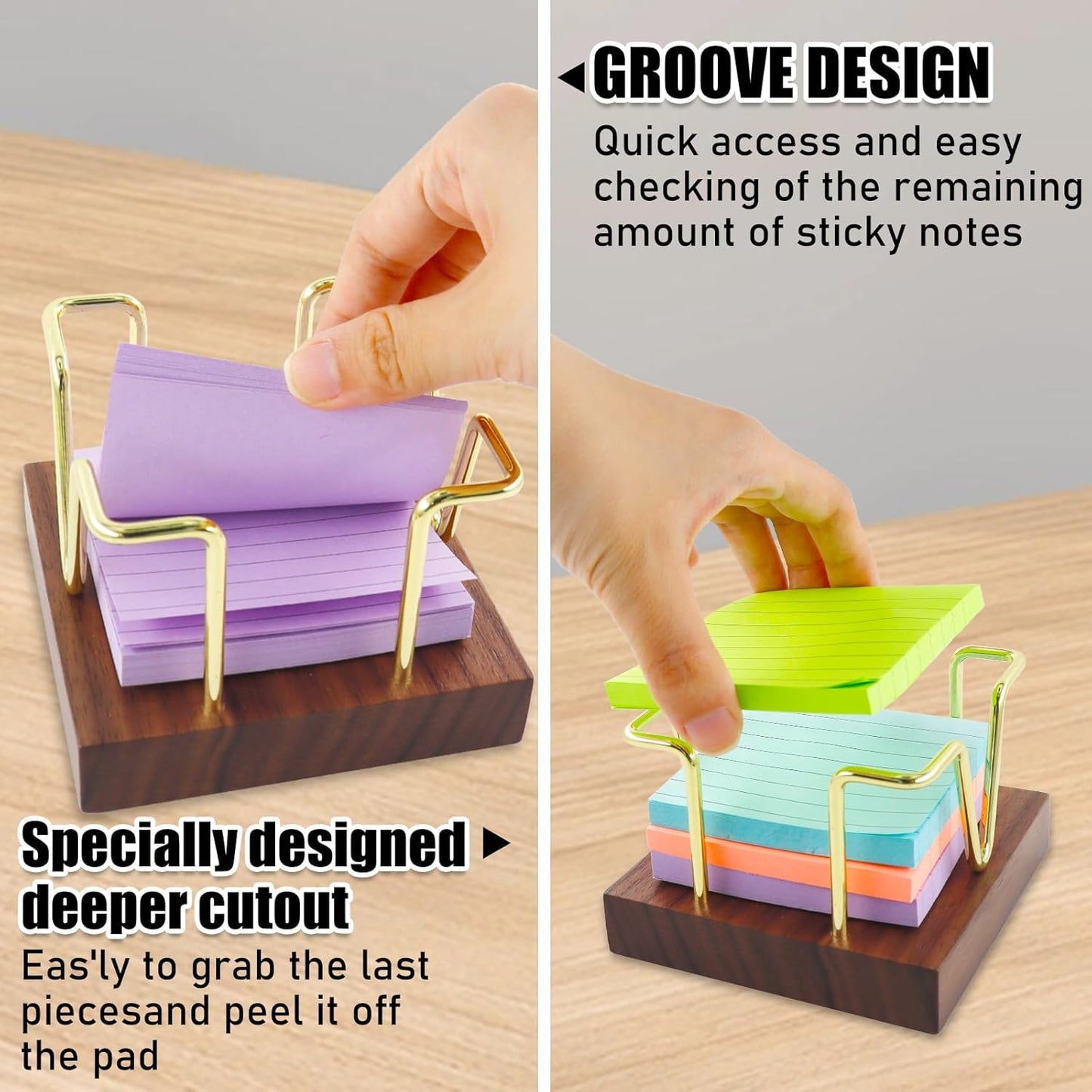 Multibey Walnut Sticky Note Holder, Self-Stick Note Pad Holder for Desk, Wood and Gold Metal Wire Notepad Dispenser, Desktop Organizer for Post Its, Office Supplies