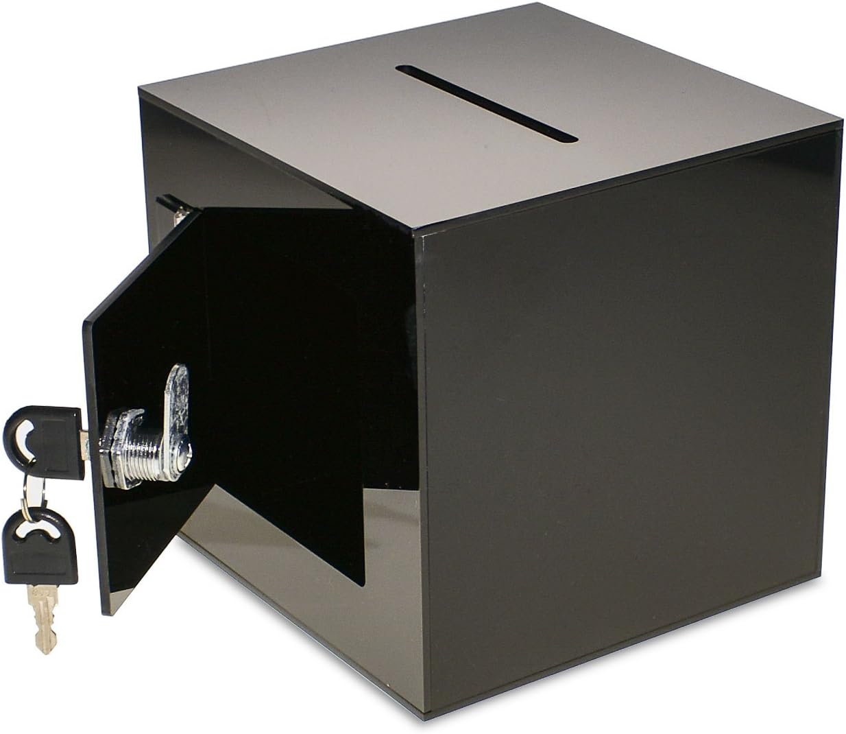 Source One Premium Acrylic Cube Donation Box with Deluxe Rear Open Door and Cam Lock Suggestion Box (10 Inch, Black)