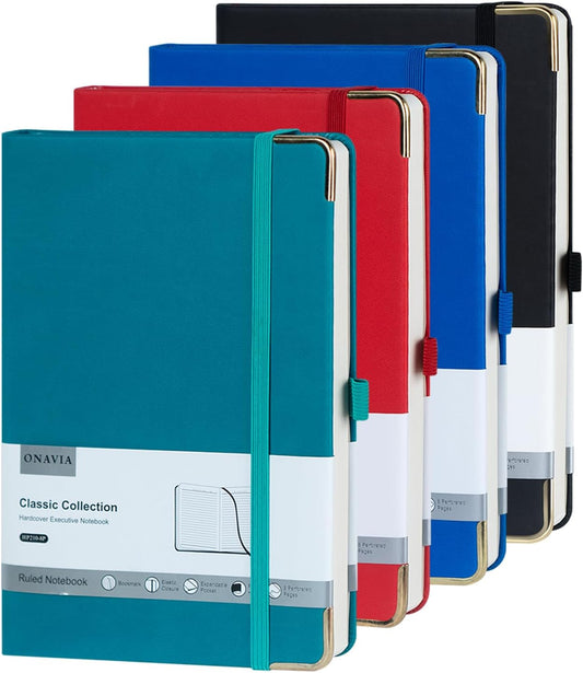 A5 Lined Journal Notebook - 100 GSM Thick Paper, 4 Pack Hardcover Journaling Notebooks for Writing, Work, Travel, School, College Ruled Journals for Women Men, PU Leather Note Books, 5.5”x8.3”