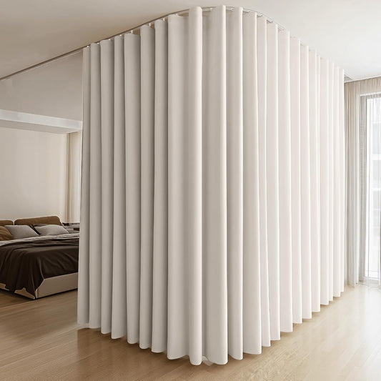 Room Divider Curtains & Flexible Bendable Tracks Set,Privacy Dividers Ceiling Track Curtain Window Blackout Curtains for Living Room Bedroom (W180 × H96 in 1 Panel Beige Drape & White Rail)