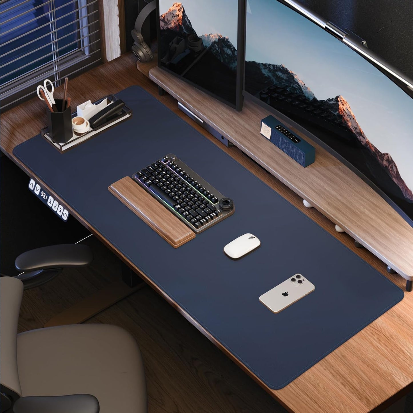 Leather Desk Pad Protector Large Mouse Pad, Stitched Locking Edge Laptop Computer Desk Mat Blotter, Non-Slip Waterproof Durable Writing Pad for Office and Home (Dark Blue, 80 x 40cm)