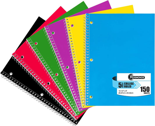 5 Subject Notebook College Ruled, 6 Value Pack, 300 Pages (150 Sheets), 8 x 10-1/2", 5 Subject College Ruled Spiral Notebooks for School & Office, Thick Paper Fights Ink Bleed, 3 Hole Punched