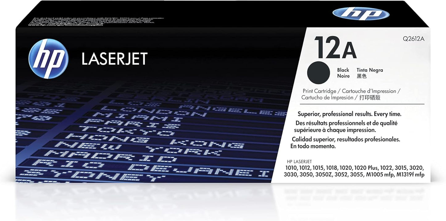 HP 12A Black Toner Cartridge | Works with HP LaserJet 1010, 1020, 3015, 3020, 3030, 3050 Series; HP LaserJet MFP M1005, M1319 Series | Q2612A