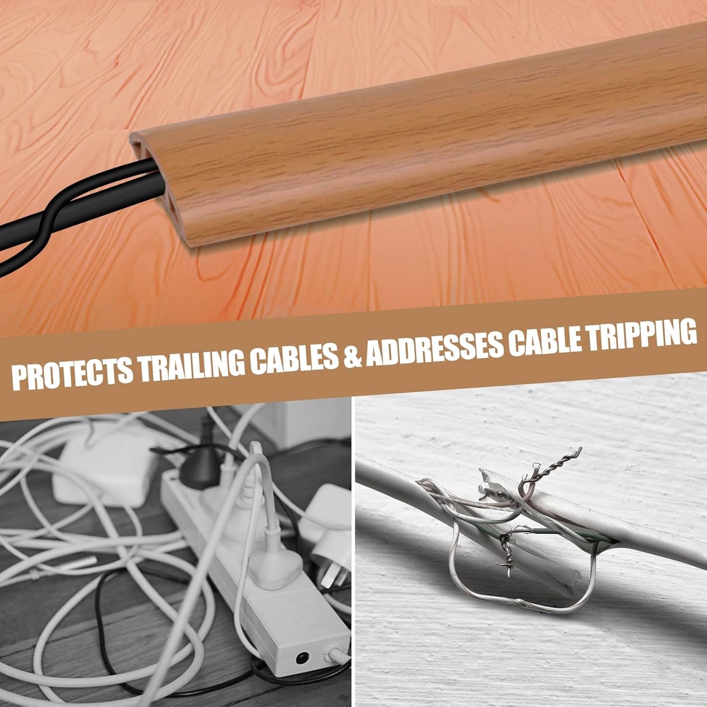 Floor Cord Cover Self Adhesive Cord Hider,10FT Cable Management, Extension Strip Protector for Wires, Prevent Cable Trips for Offices, Gyms, Exhibitions Cavity:0.39"(W) x 0.27"(H) Brown Wood