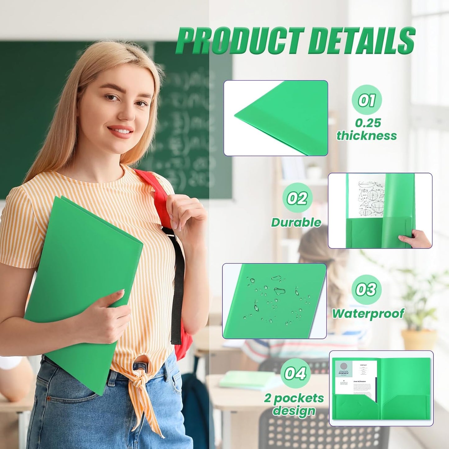 Gueevin 72 Pcs Two Pocket Folders Bulk Plastic File Folder with 2 Pockets Letter Size Paper Heavy Duty Durable Portfolios Case for Home Office School Business 11.61 x 9.45 Inch (Green)