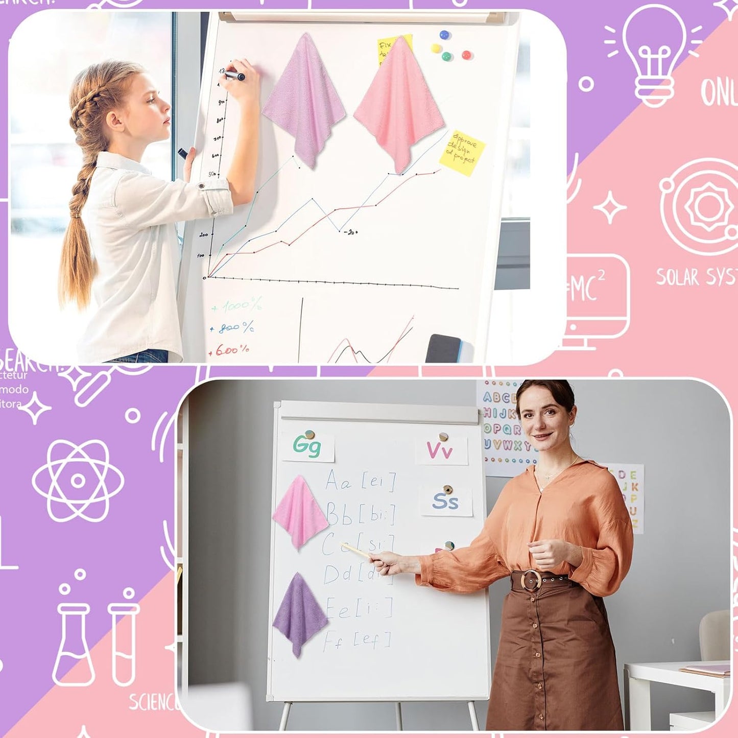 6 Pack Magnetic Whiteboard Cleaning Cloth Extra Strong Magnetism 10'' X 10'' Colorful Microfiber Dry Erase Cloth Reusable Washable Whiteboard Eraser for Classroom, Home and Office Use(Pink Color)
