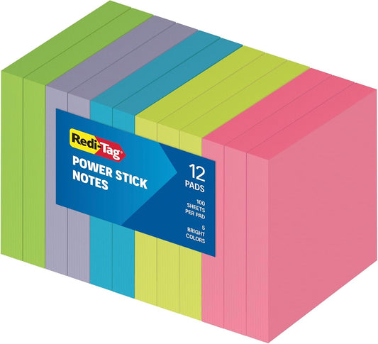 Redi-Tag Sticky Notes, Power Stick Notes, Adhesive Reminders, 3" x 3" Reusable Notes, Strong Adhesive Memos, Assorted Bright Colors, 12 Pack (1000976)