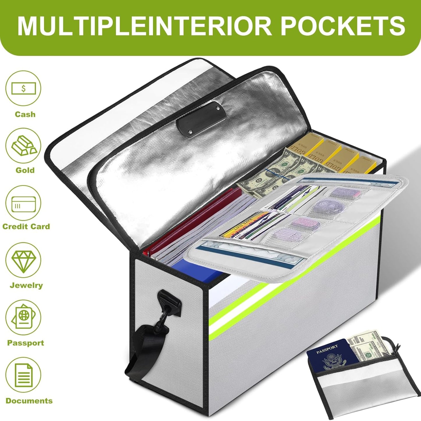 Large Fireproof Money Bags with Lock-6500°F Fireproof Document Box,10 Layers Insulation Materials&Waterproof Zipper,Removable Folder Layers/Wallet,Reflective Strip for Valuables(16.5”x 12.4”x 5.5”)