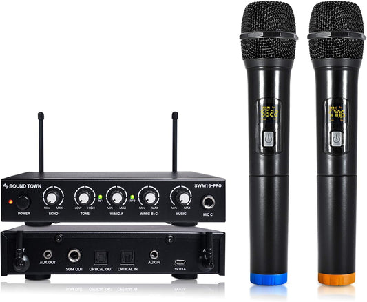 Sound Town 16 Channels Wireless Microphone Karaoke Mixer System with Optical (Toslink), AUX and 2 Handheld Microphones - Supports Smart TV, Home Theater, Sound Bar (SWM16-PRO)