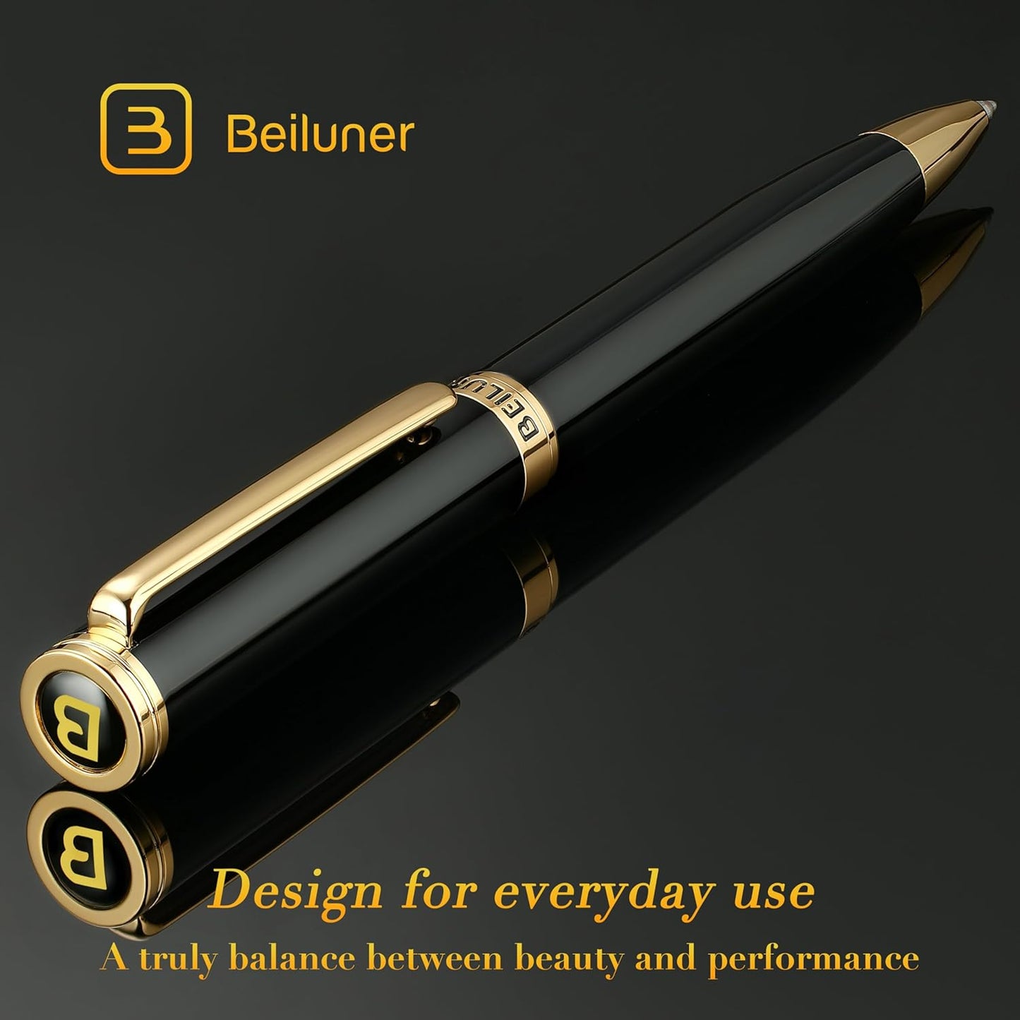 BEILUNER Luxury Gel Pen with 24K Gold Finish, Black Piano Lacquer, Luxury Grade Craftsmanship, Best Pen Gift Set for Men and Women, Professional, Executive, Office, Retractable Nice Pens