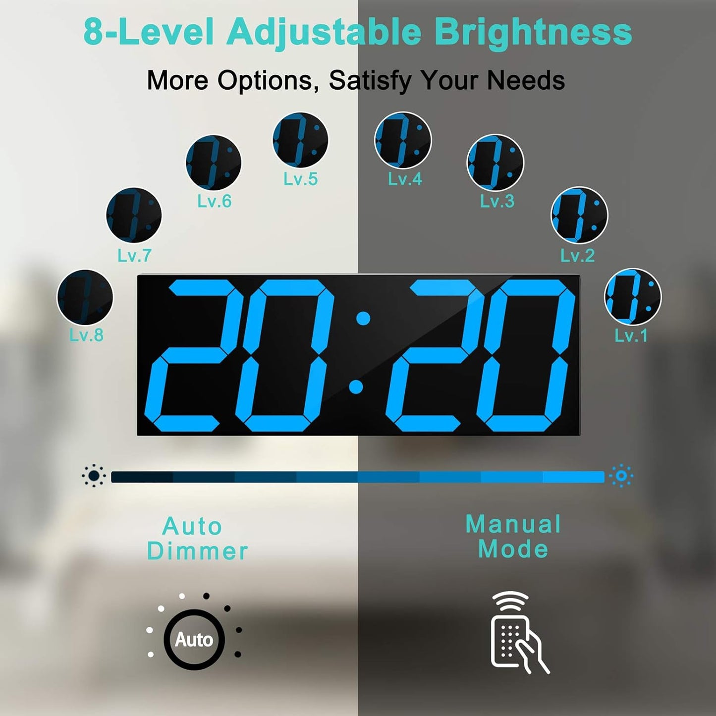 LED Large Digital Wall Clock, Oversize Wall Clock with 6” Numbers, Remote Control Count up/Countdown Timer Clock, Auto Dimmer, Big Calendar and Thermometer(Ice Blue)