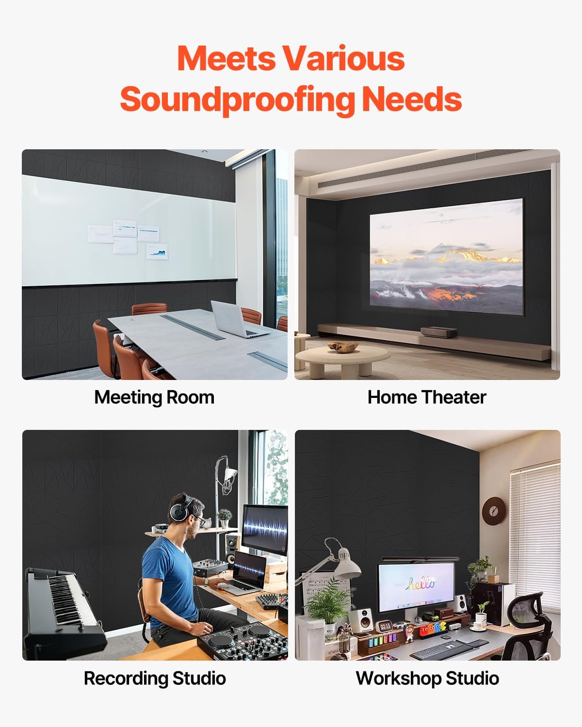VEVOR 18 Pack Acoustic Panels with Self Adhesive, 11.8 x 11.8 x 0.4 inch Sound Proof Foam Panels, Polyester Fiber Soundproof Wall Panels High Density, for Home, Studio, Office, Theater, Black